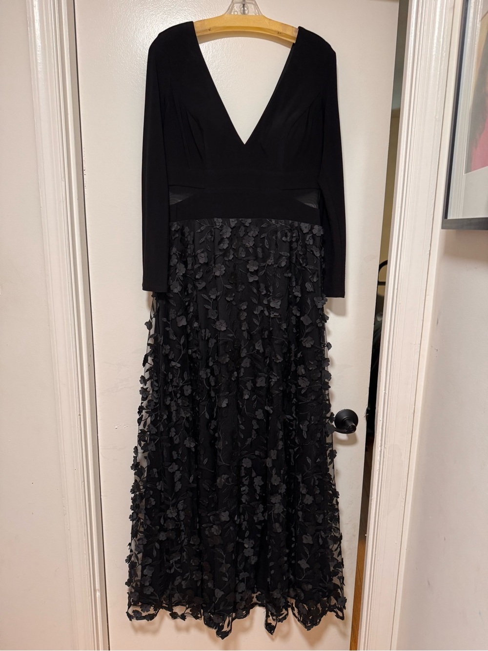 Xscape Black Long Sleeve V-Neck Floral Appliqué Gown